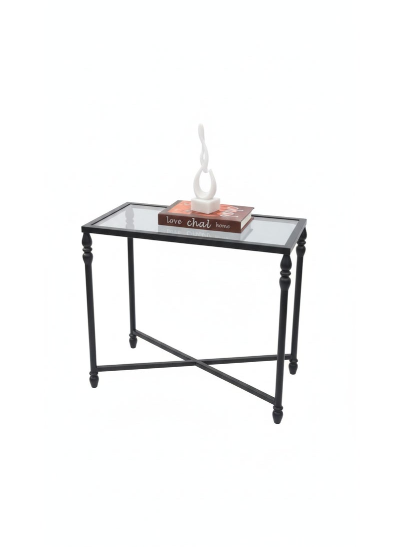 متجر نايس طاولة جانبية مودرن بسطح زجاجي وهيكل معدني أسود - للقهوة والخدمة. - Image 1